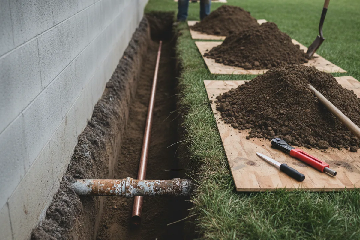Excavated water line trench during Water Heater Repair in Orbisonia